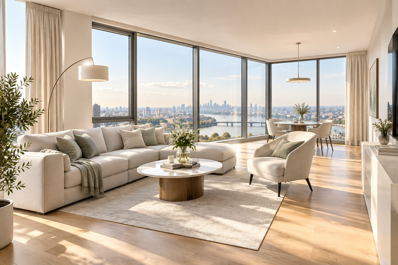 Sunlit contemporary living room in the Riverside Residence apartment