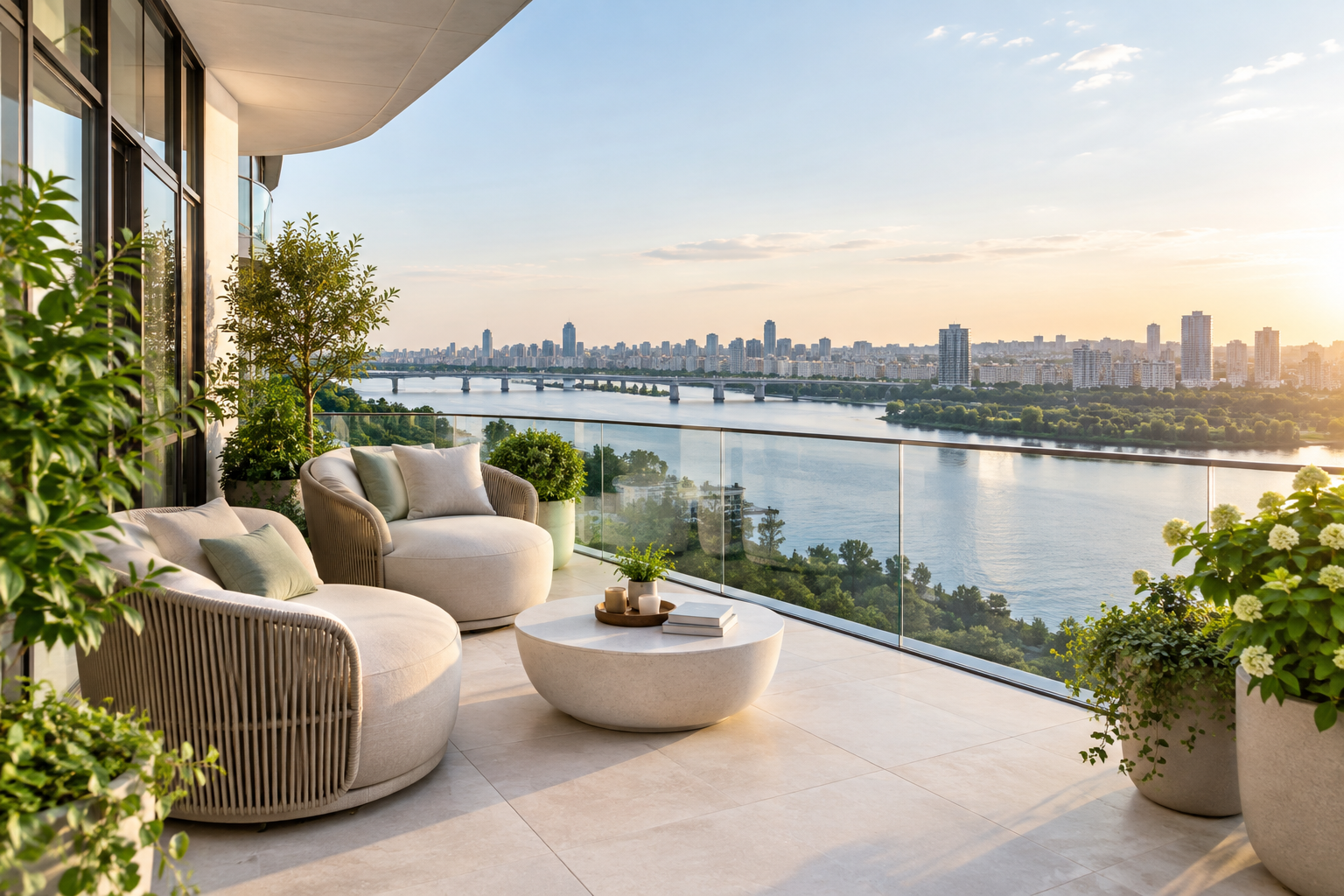 Large terrace overlooking the Dnipro from a refined Obolon apartment