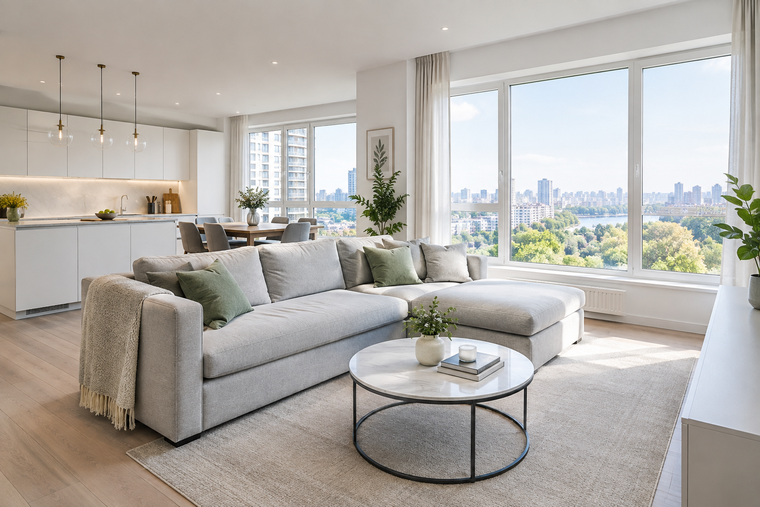 Fresh modern living room with large windows in a high-rise Obolon apartment near the park