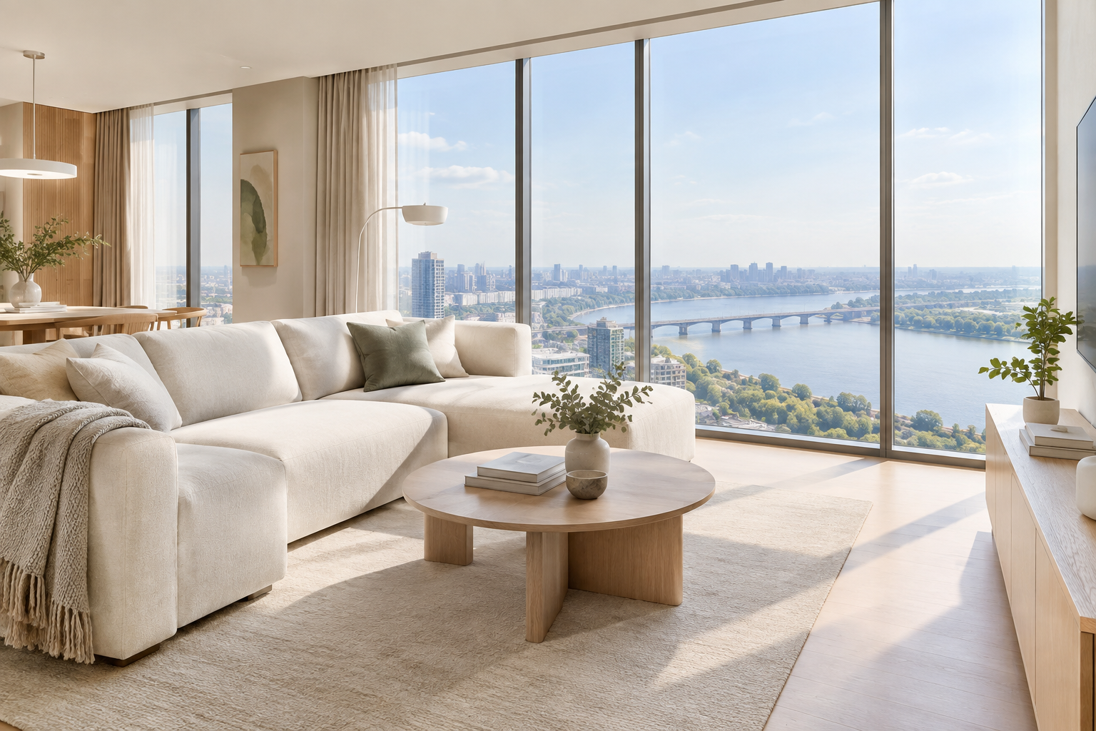 Sunlit contemporary living room in a high-floor Pechersk apartment with wide Kyiv city views