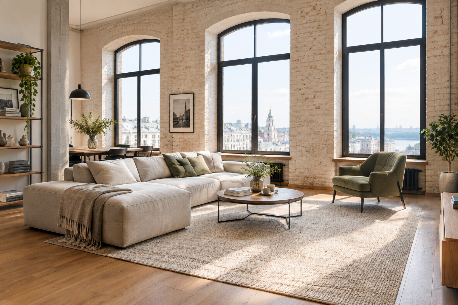 Bright brick-accented loft living space in a historic Podil apartment