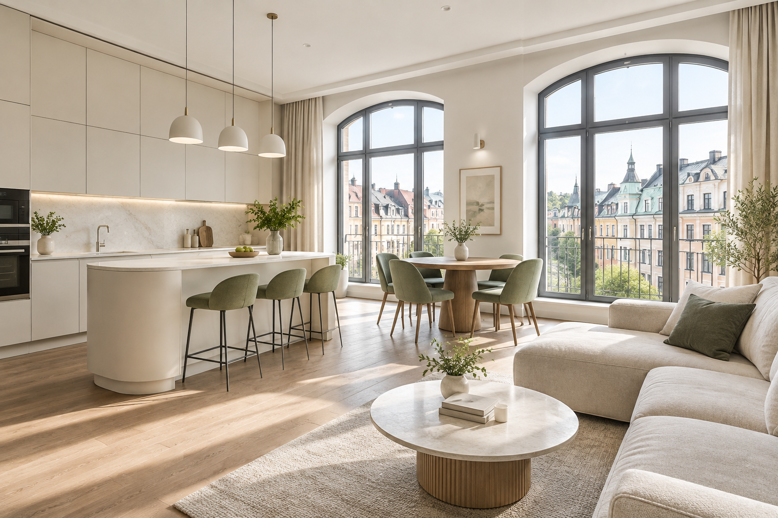 Modern cream kitchen and living area in a stylish Vozdvyzhenka apartment in Podil
