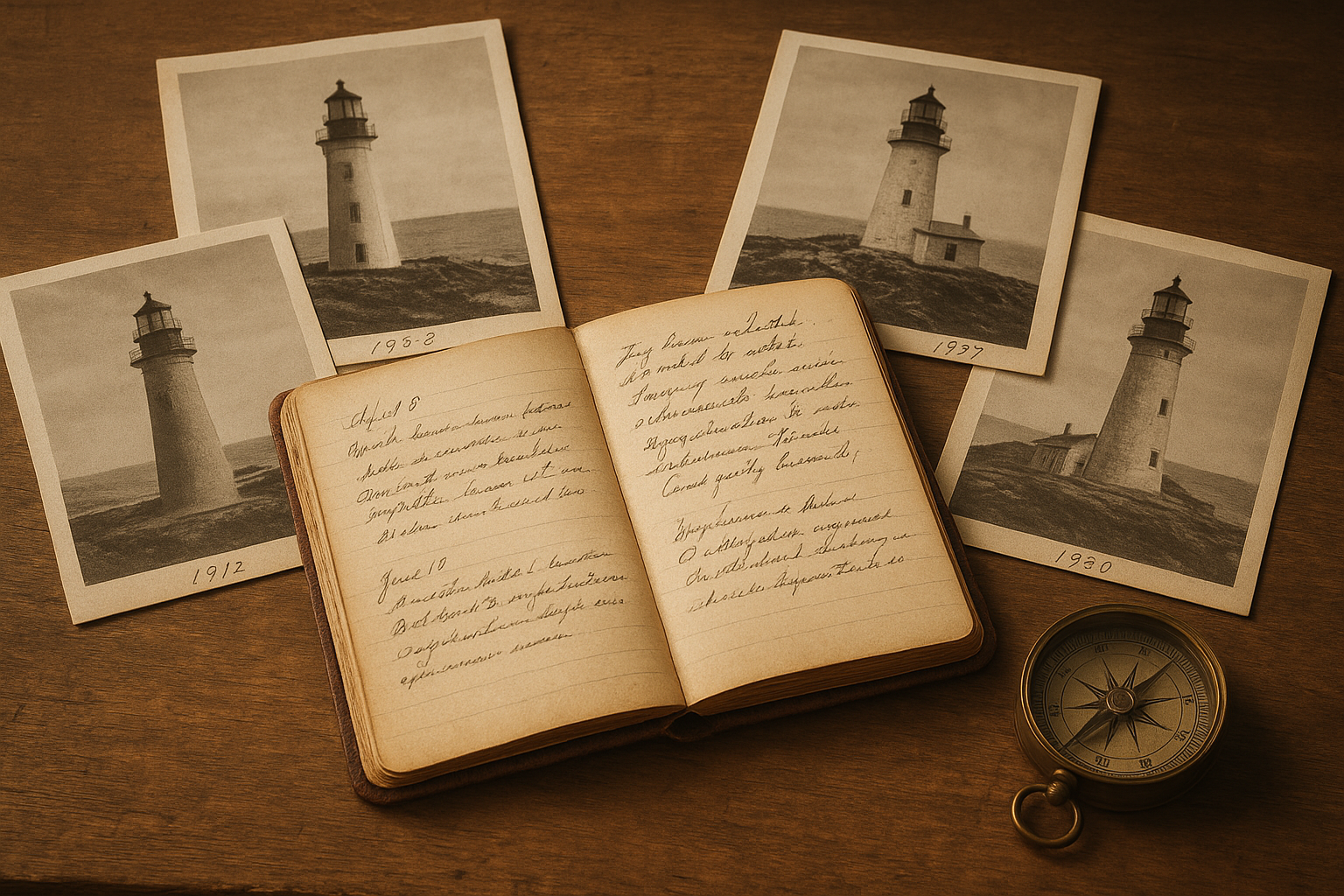Warm documentary scene of archival lighthouse materials, including labeled black-and-white prints, handwritten keeper notes, and a brass navigation instrument on a wooden table