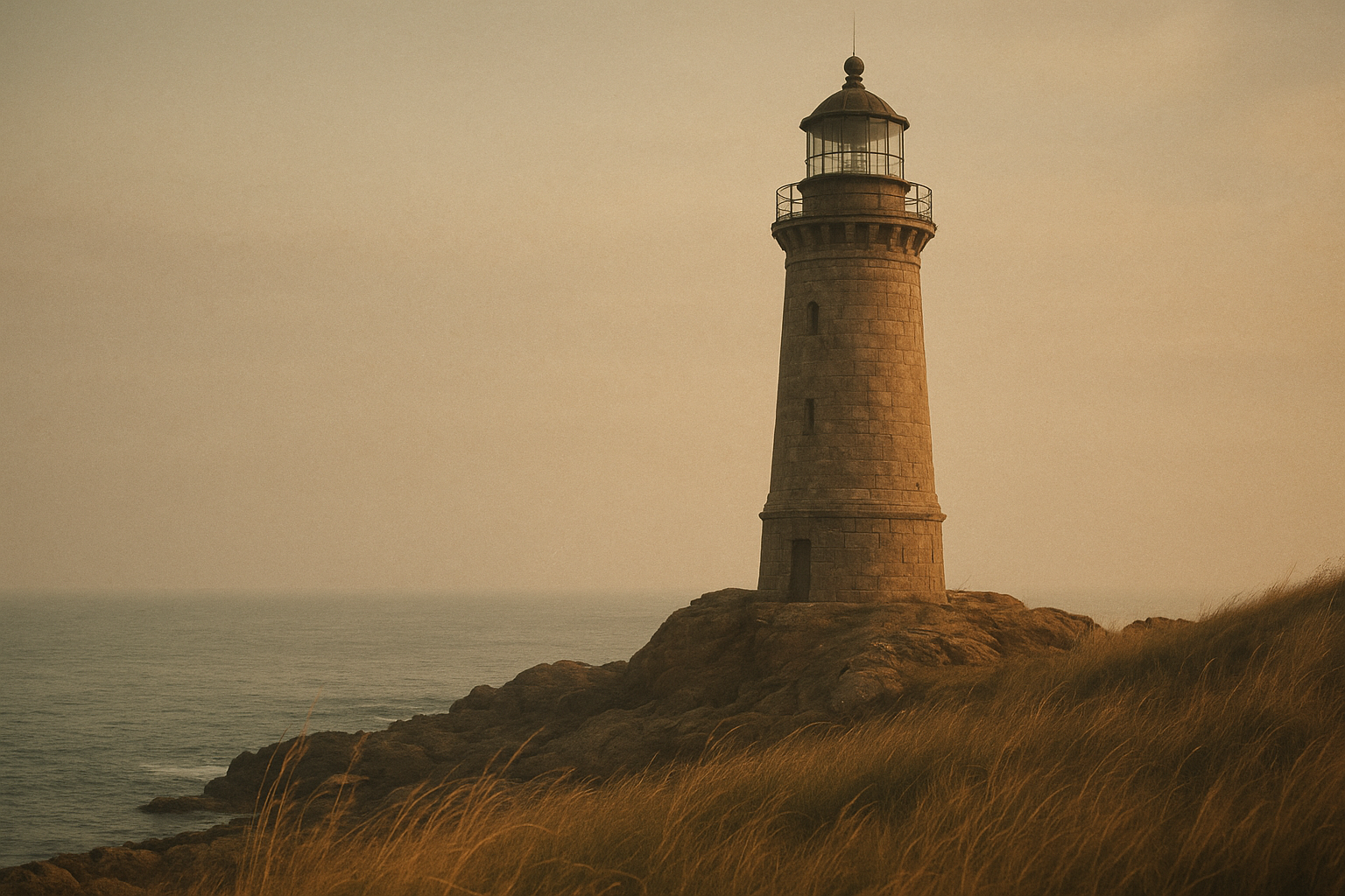 Archival-style photograph of a weathered stone lighthouse on the northern coast, with sea haze and warm late-day light
