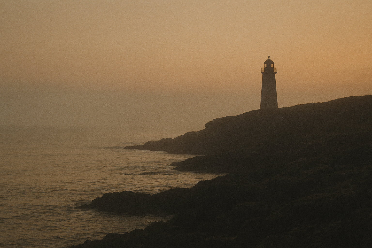 Archival-style coastline view with a lighthouse tower silhouette above rocky shoreline at dusk