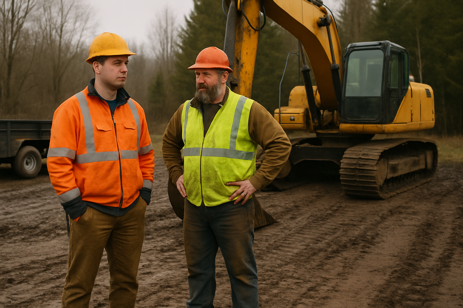 Two heavy-equipment crew members beside a tracked excavator at a muddy rural worksite with tree line and utility trailer in the background