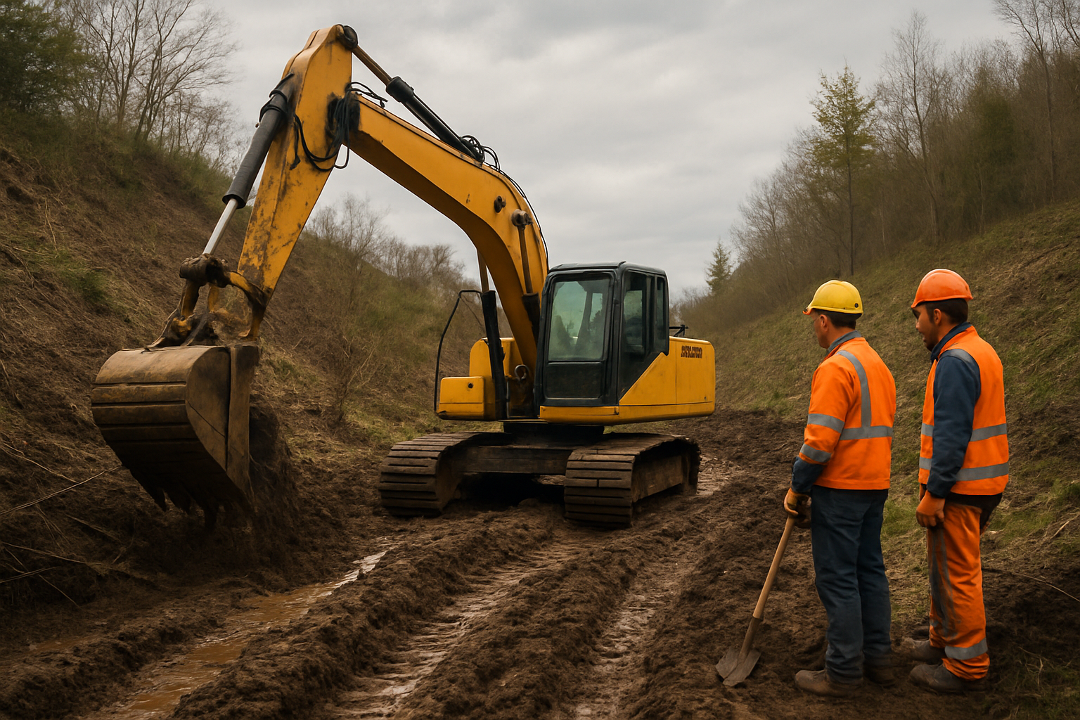 Tracked excavator and support crew working through muddy, uneven hillside terrain at an active field jobsite