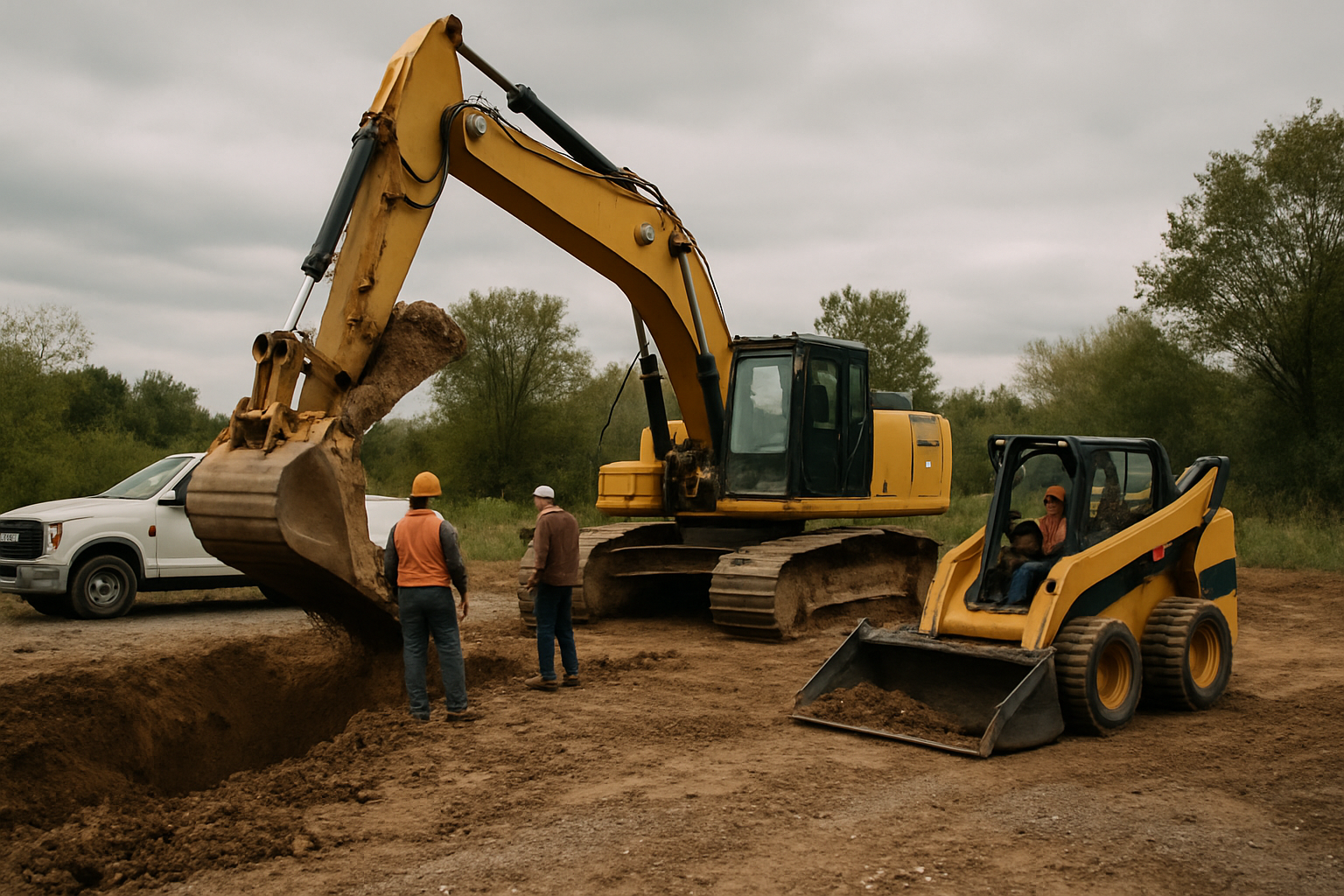 Heavy equipment and crew performing active field work in a local rugged outdoor job site