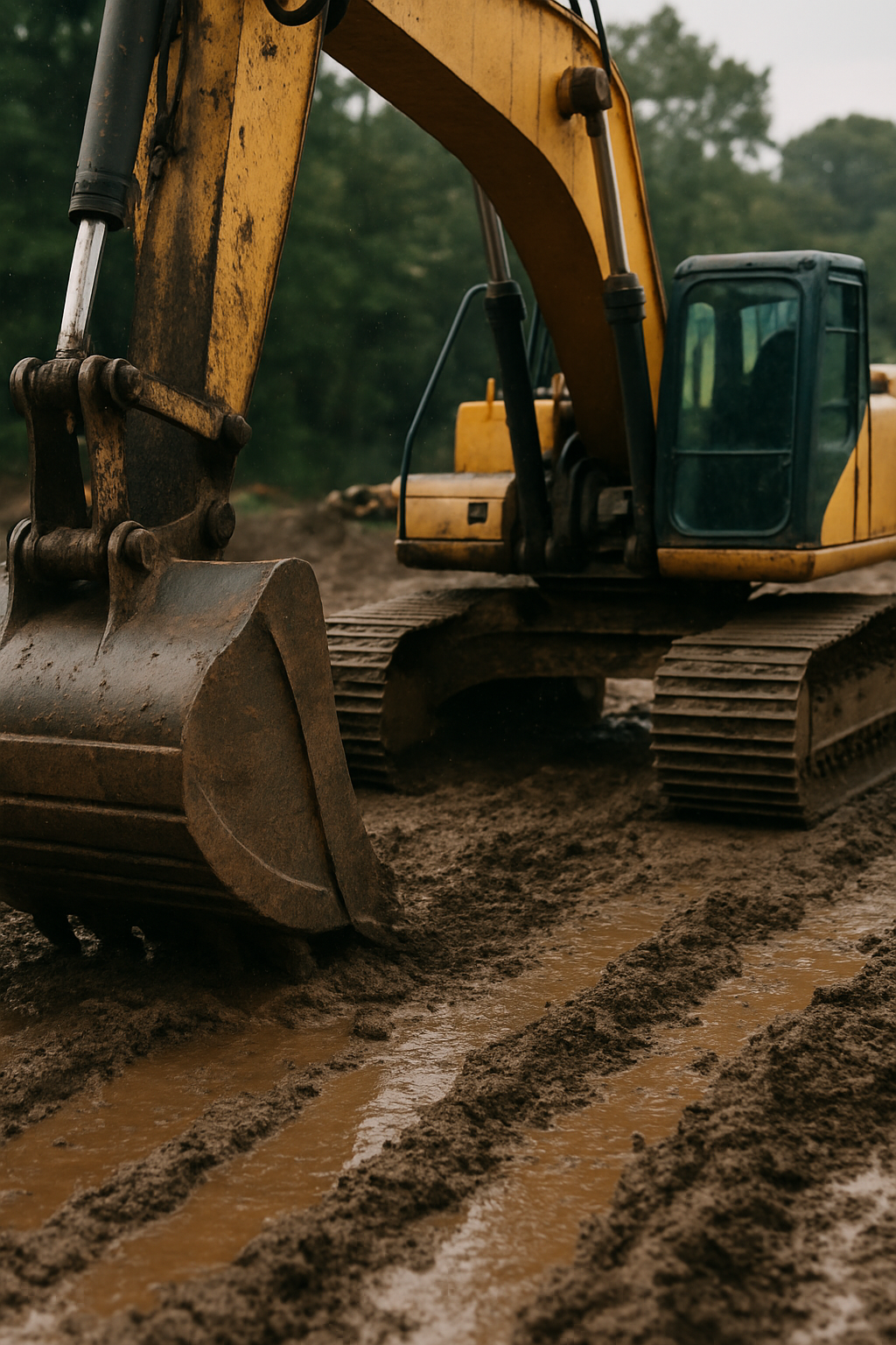 Close-up of heavy equipment working through muddy terrain on an active local job site