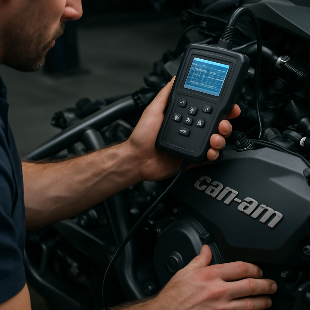 Technician inspecting a Can-Am engine in the workshop