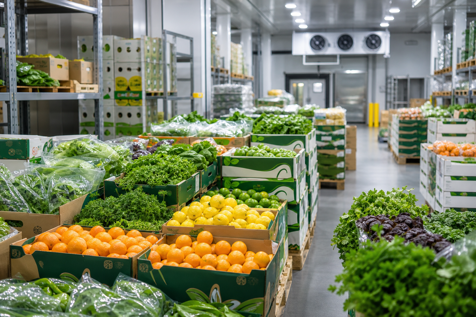 Pallets of assorted fresh produce boxes with leafy greens, citrus, and herbs inside a clean refrigerated wholesale facility