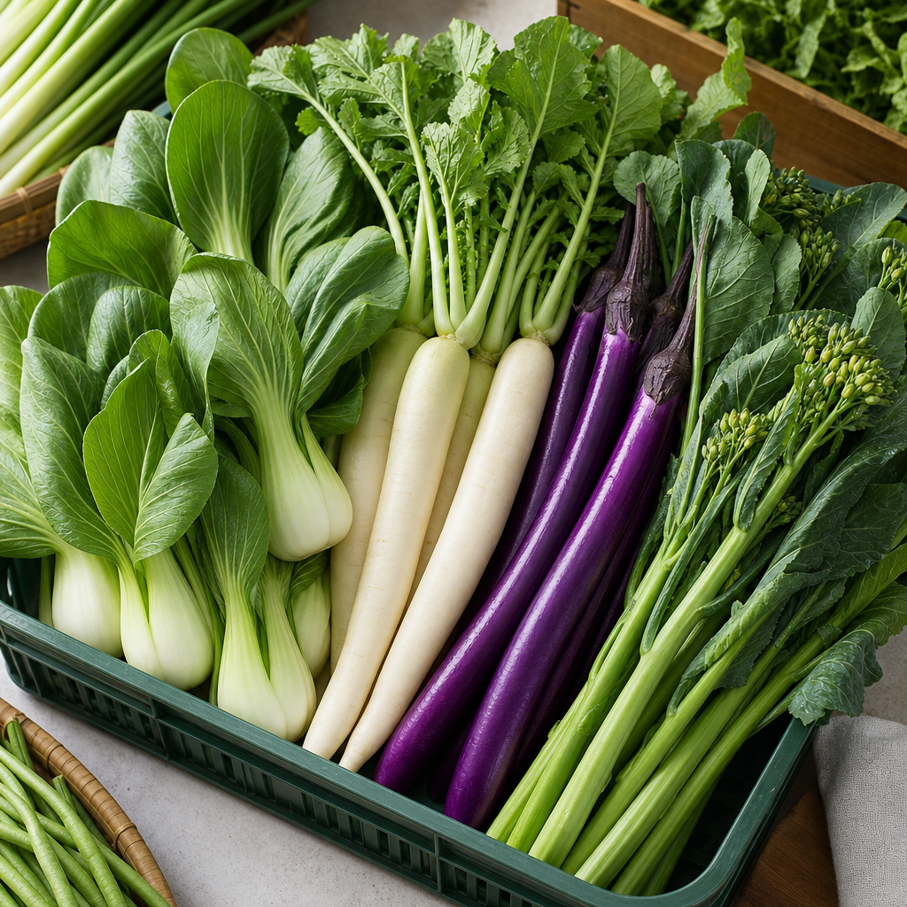 Assorted Asian produce with bok choy, daikon radish, Chinese eggplant, and gai lan
