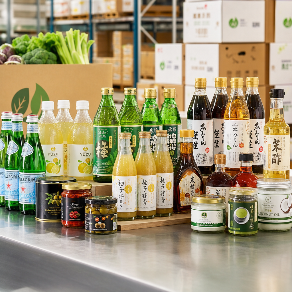 Wholesale beverage bottles and specialty pantry items arranged on a clean warehouse table