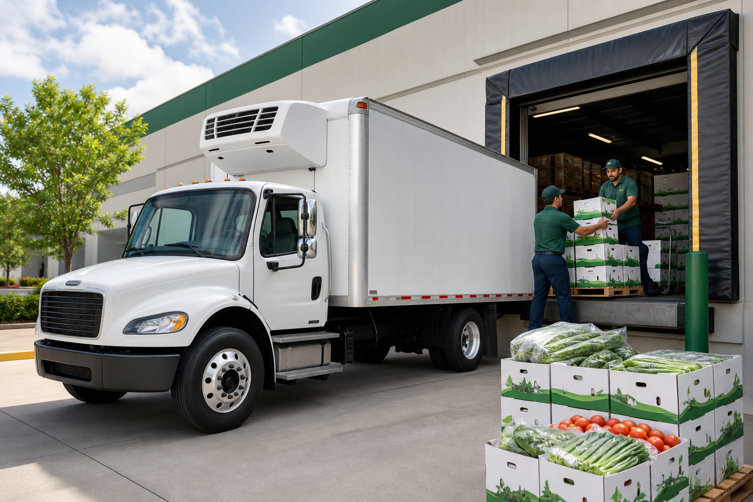 Refrigerated delivery truck loading produce boxes at a modern distribution dock