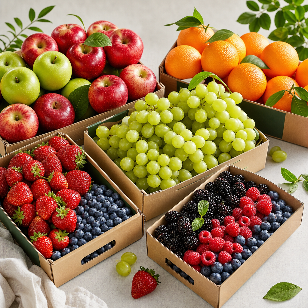 Fresh fruit assortment with apples, oranges, grapes, and berries arranged in a clean wholesale display