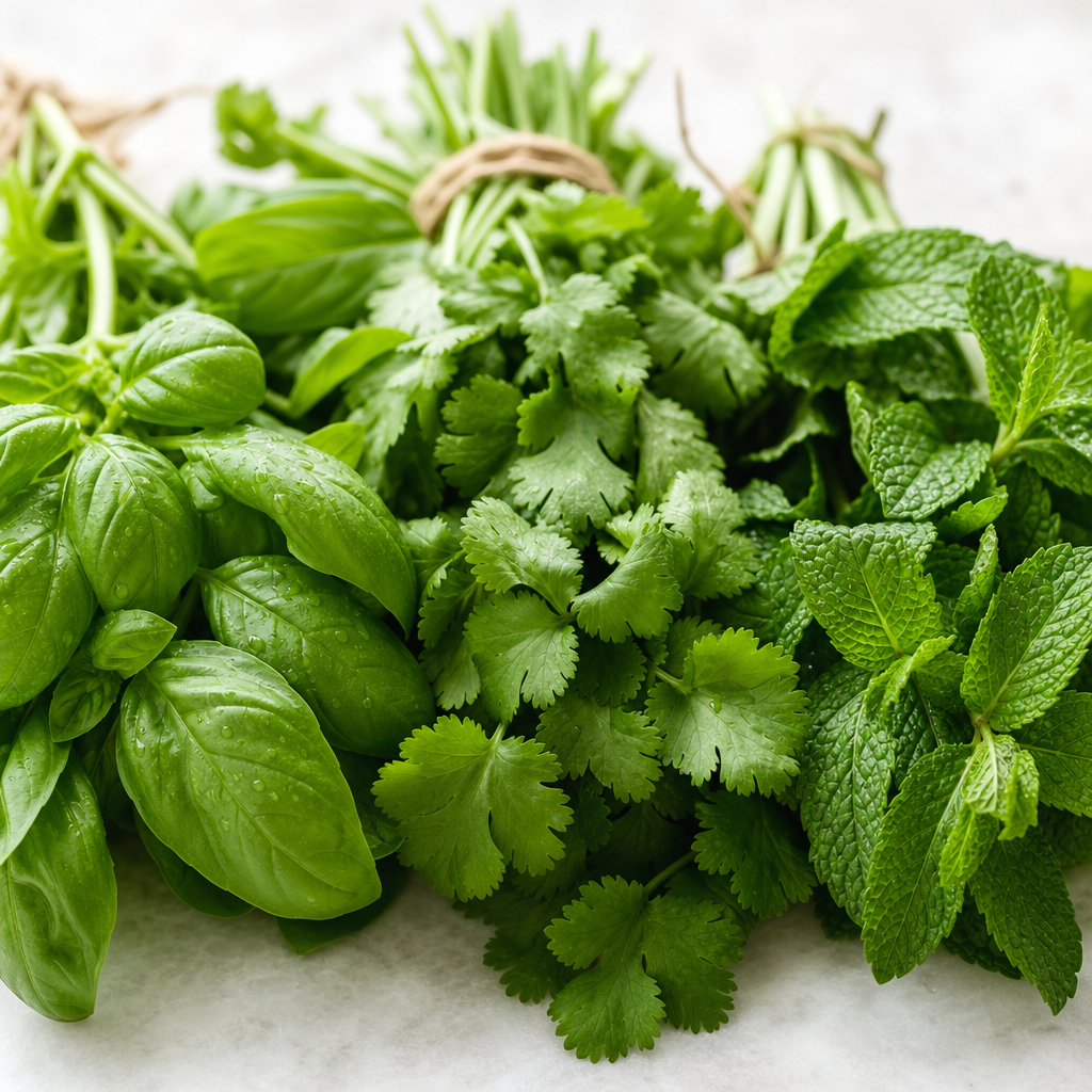 Close-up of vibrant green basil, cilantro, and mint bundled for wholesale