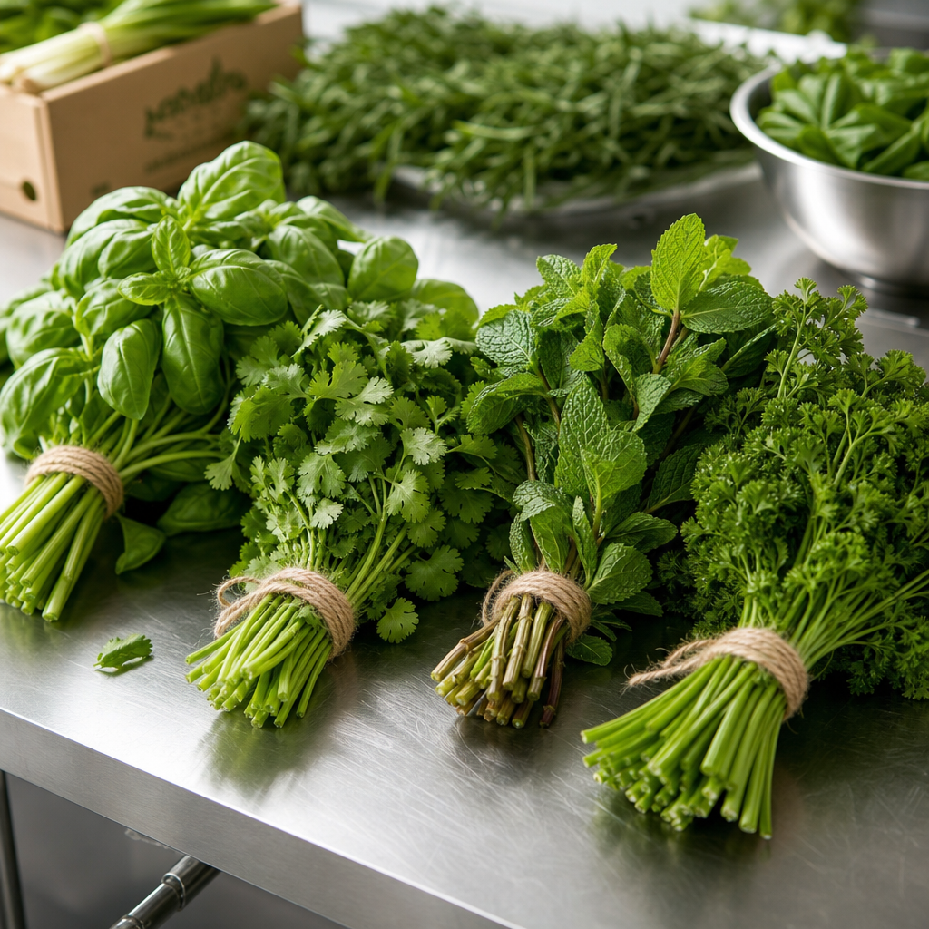 Bundles of fresh herbs including basil, cilantro, mint, and parsley in a clean market setting