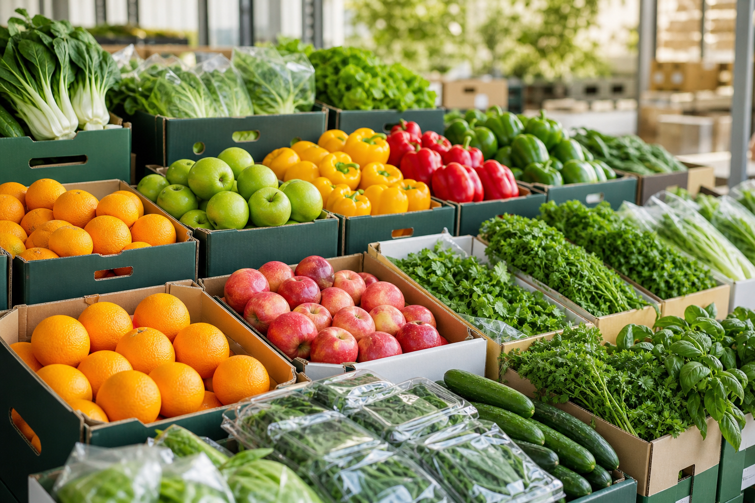 Assorted fresh fruits, vegetables, and herbs arranged in stacked wholesale produce crates