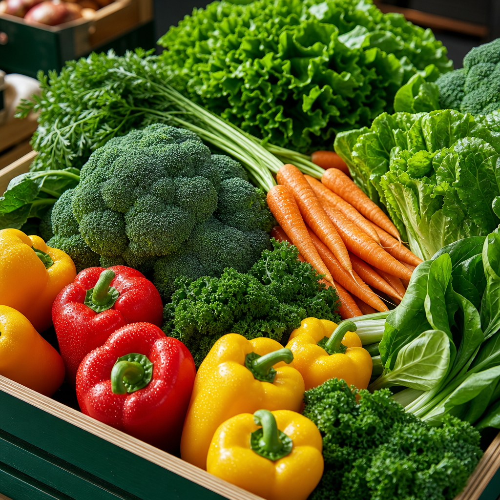 Crisp wholesale vegetables including broccoli, carrots, bell peppers, and leafy greens