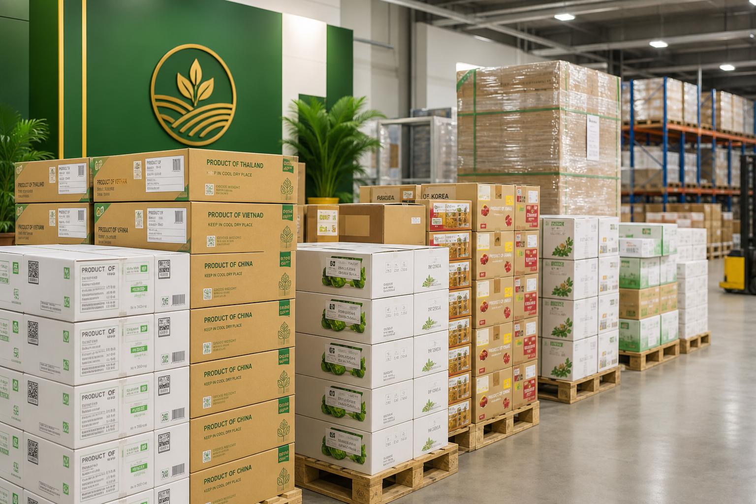 Neatly stacked cartons of imported ambient food products with compliance labels in a clean warehouse