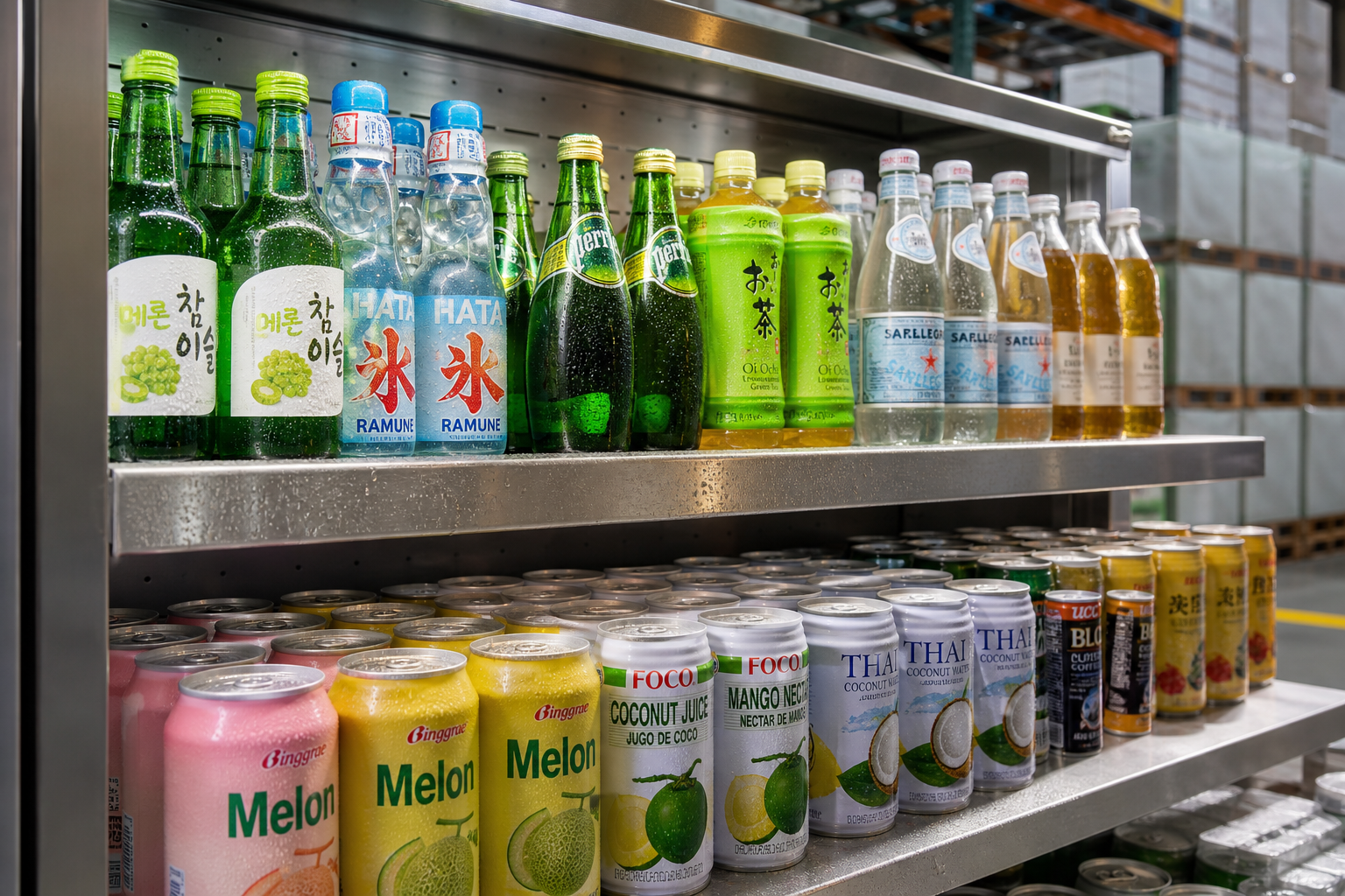 Assortment of premium bottled beverages and canned specialty drinks in a chilled wholesale display