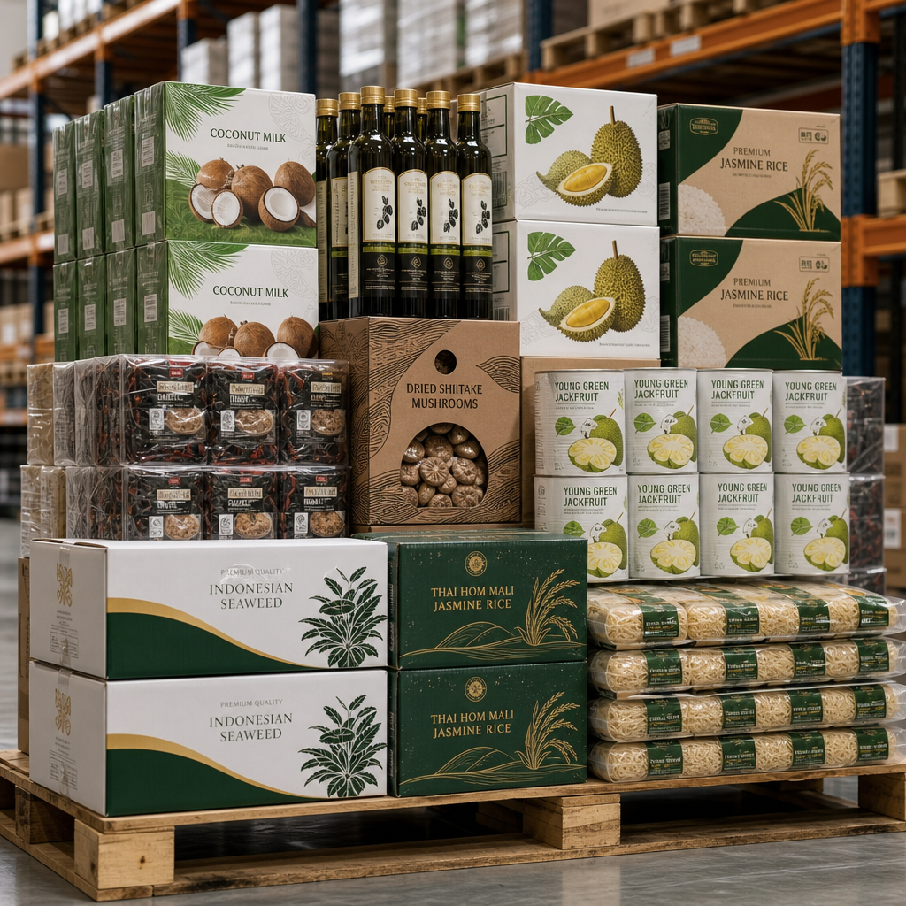 Premium imported food products in neat wholesale boxes with labels and sealed packaging