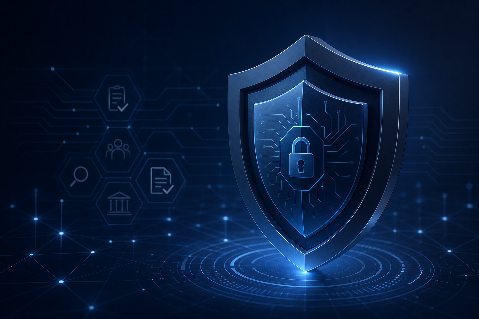Abstract cybersecurity visualization with navy and slate geometric shields, circuit lines, and a glowing compliance grid
