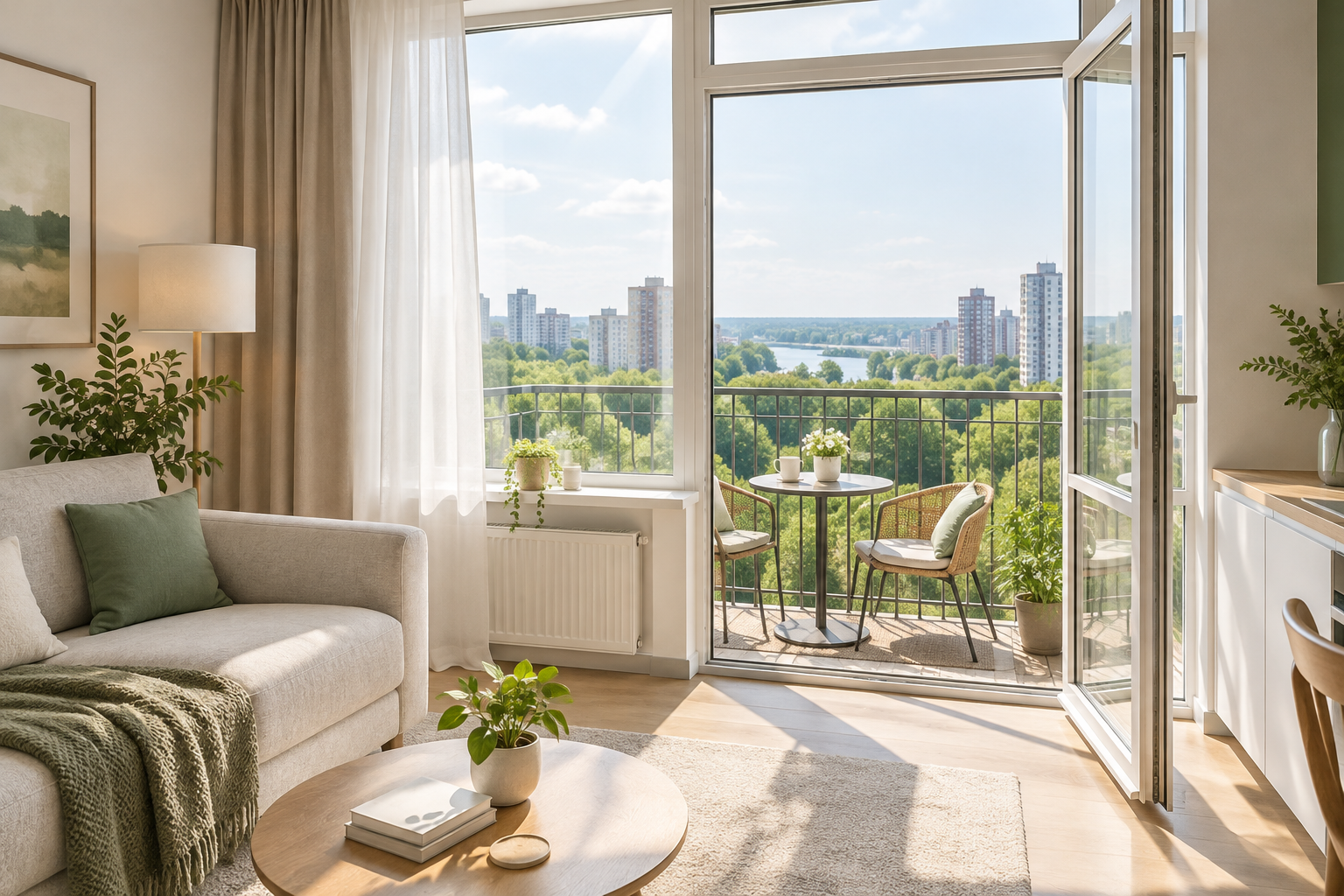 Sunlit Obolon apartment with a small furnished balcony, soft green outlook, and light contemporary interior