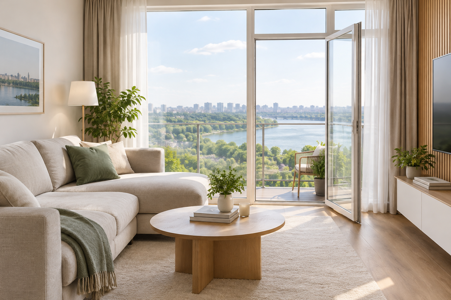 Bright Obolon apartment living room with balcony glazing and a leafy riverside outlook