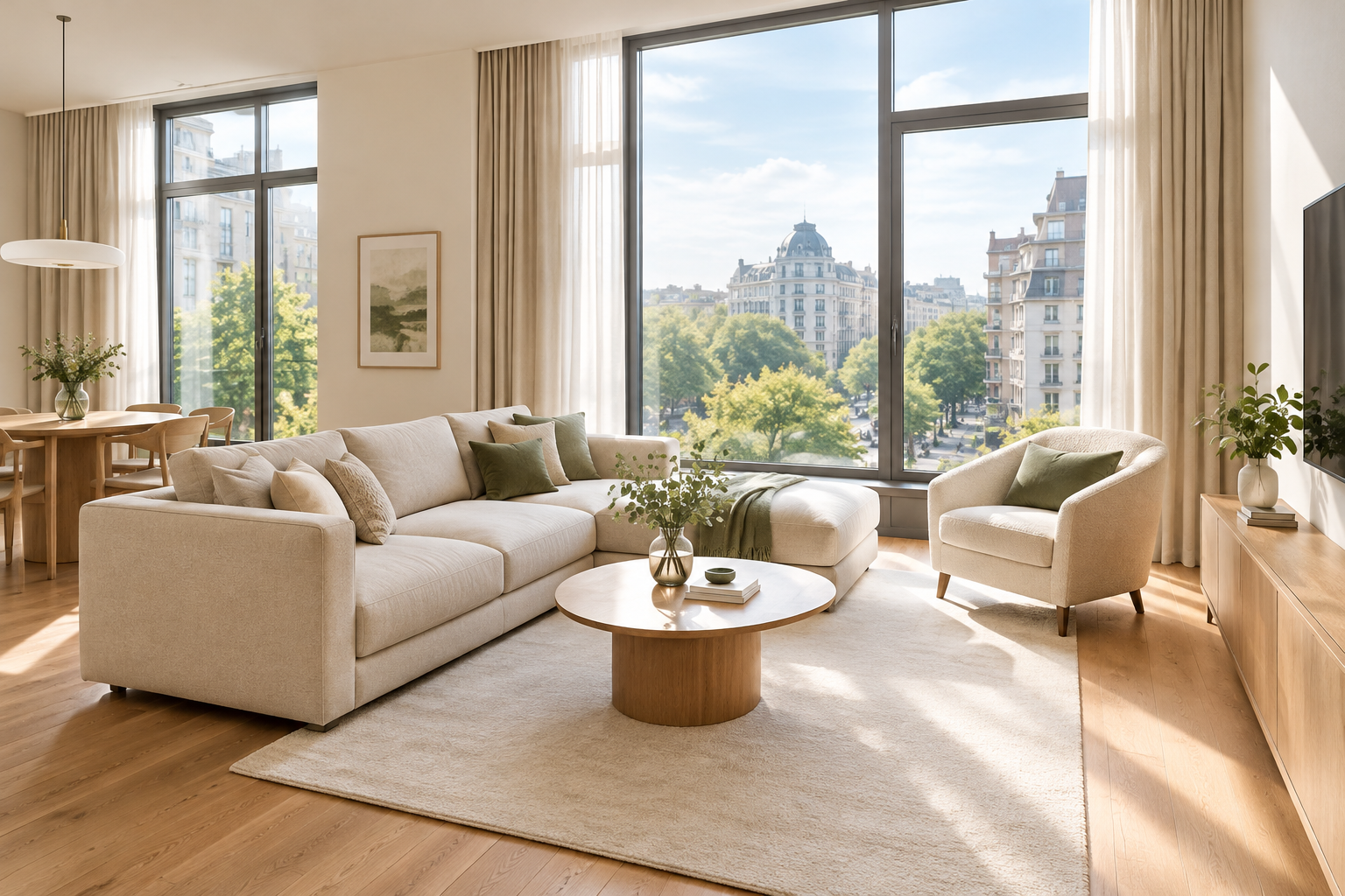Bright Pechersk apartment living room with tall windows, warm oak flooring, and soft neutral furnishings