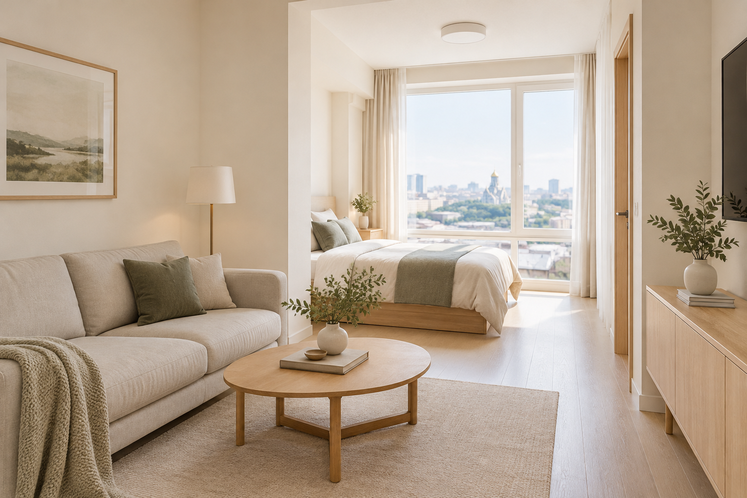 Compact Pechersk apartment with cream walls, a bright bedroom nook, and pale timber details