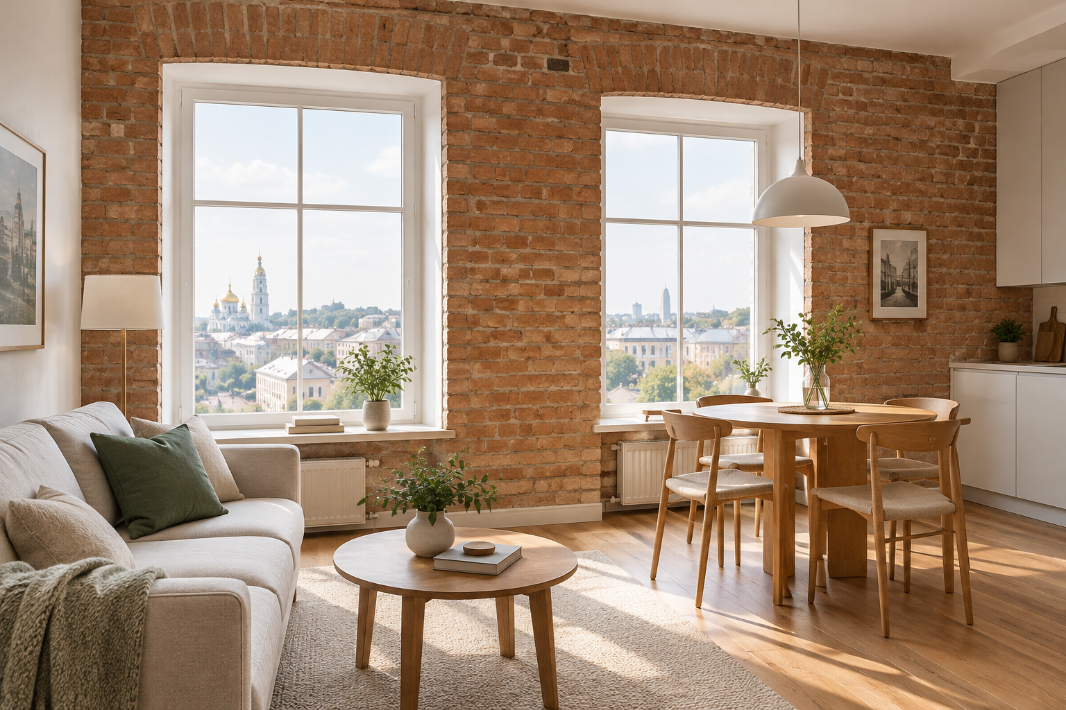 Airy Podil apartment with exposed brick, broad windows, and a compact timber dining area