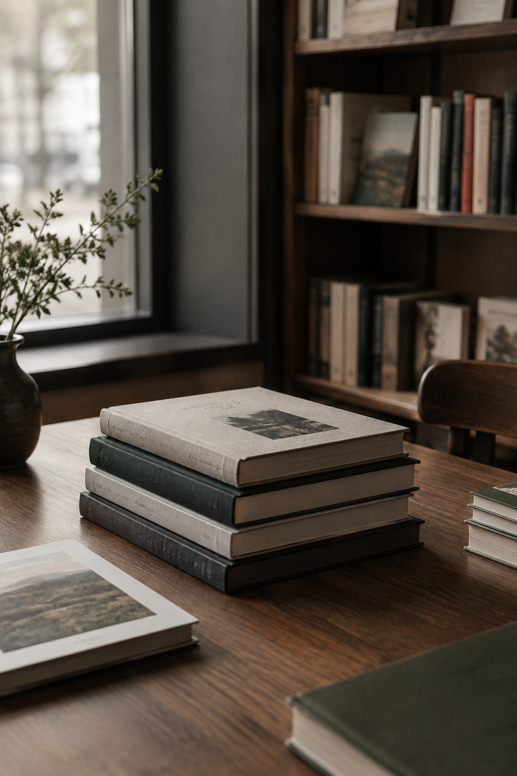 Still-life of stacked hardcover books beside a wooden reading table in soft natural window light
