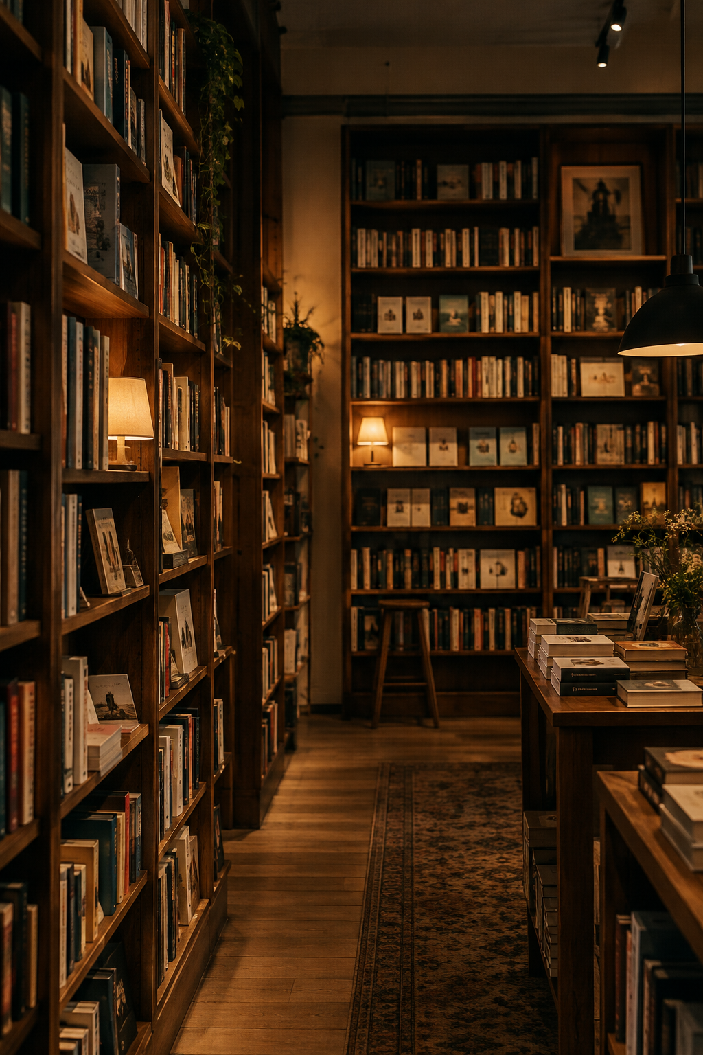 Atmospheric independent bookshop interior with tall wooden shelves, warm pools of lamp light, visible paper textures, and calm editorial framing