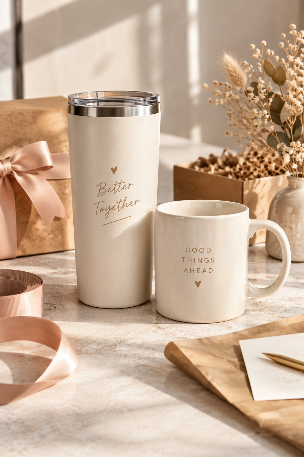 Styled boutique workspace with personalized tumbler and mug in premium gift-ready presentation