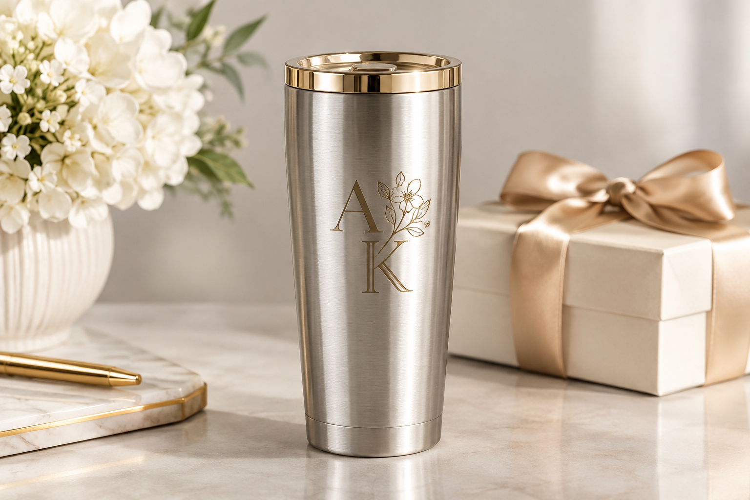 Premium close-up of a personalized stainless steel tumbler with engraved initials, metallic lid, and gift-ready styling