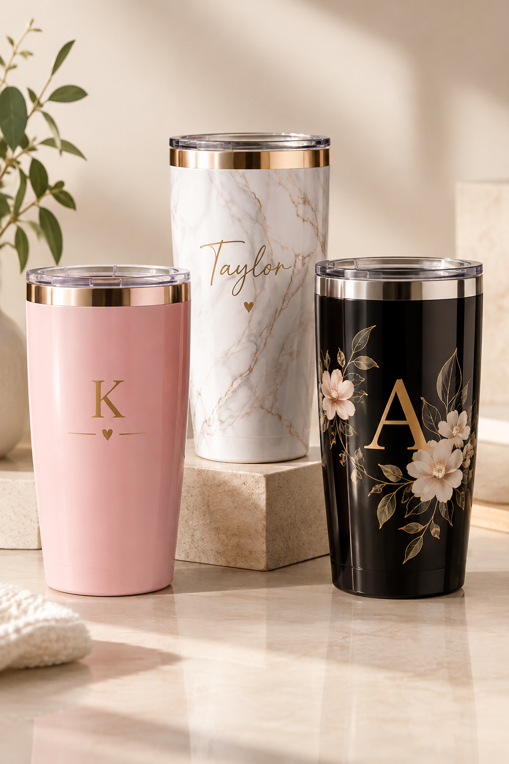 Polished studio photo of premium custom tumblers with metallic lids and personalized artwork