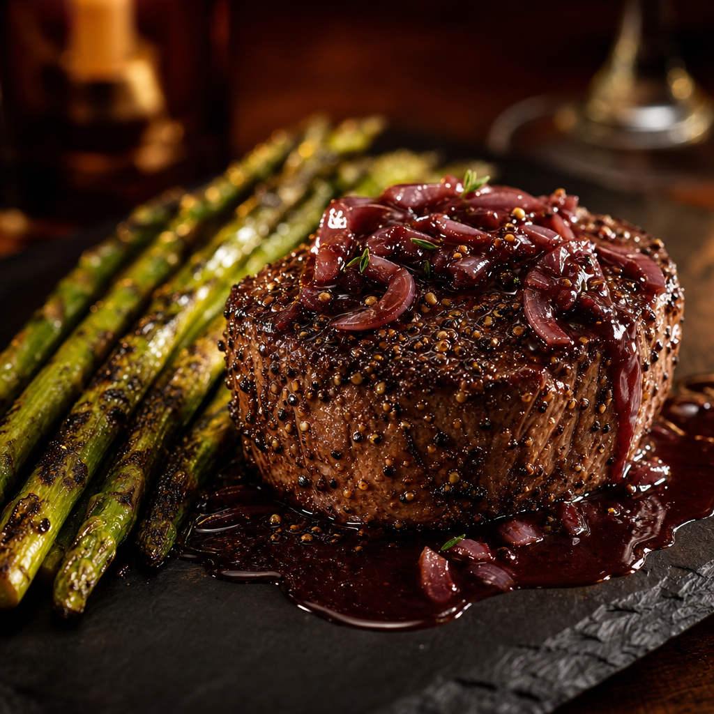 Pepper-crusted filet with shallot red wine reduction and charred asparagus