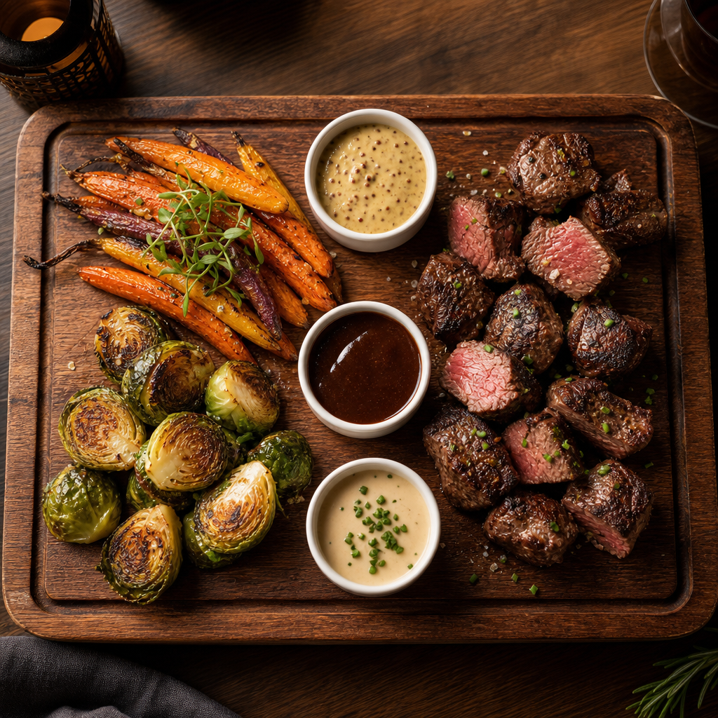 Seasonal tasting board with sliced steak, roasted vegetables, and chef sauces