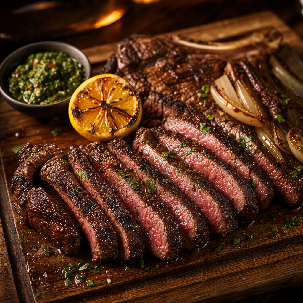 Sliced heritage ribeye with grilled onions, chimichurri, and flame-kissed lemon