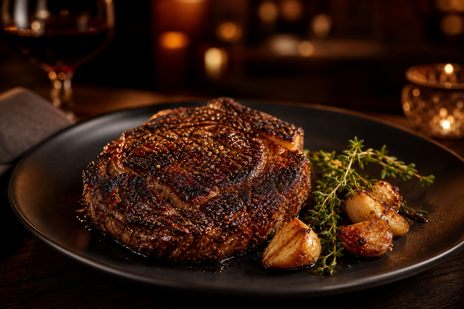 Seared ribeye steak with charred crust, roasted garlic, and herbs on a dark plate with warm ambient lighting