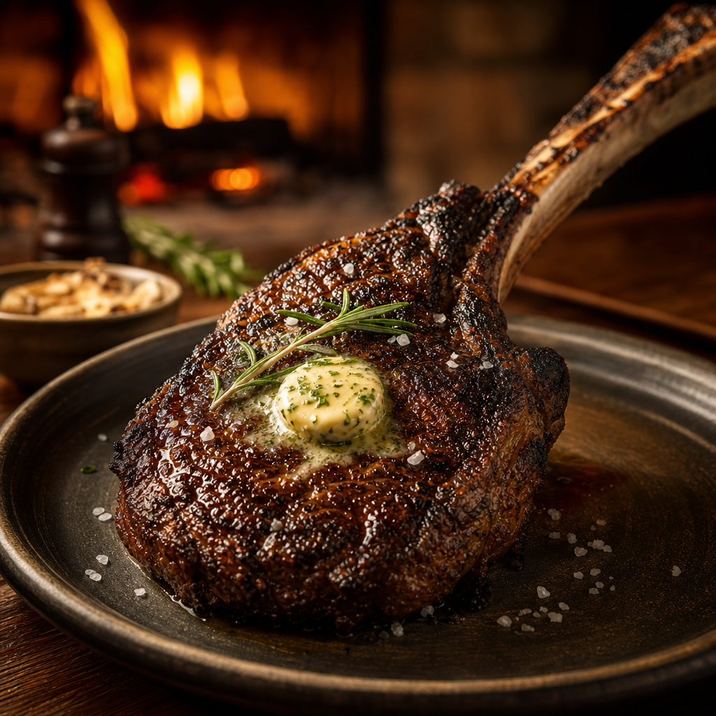Charred bone-in tomahawk steak with rosemary butter and smoked salt