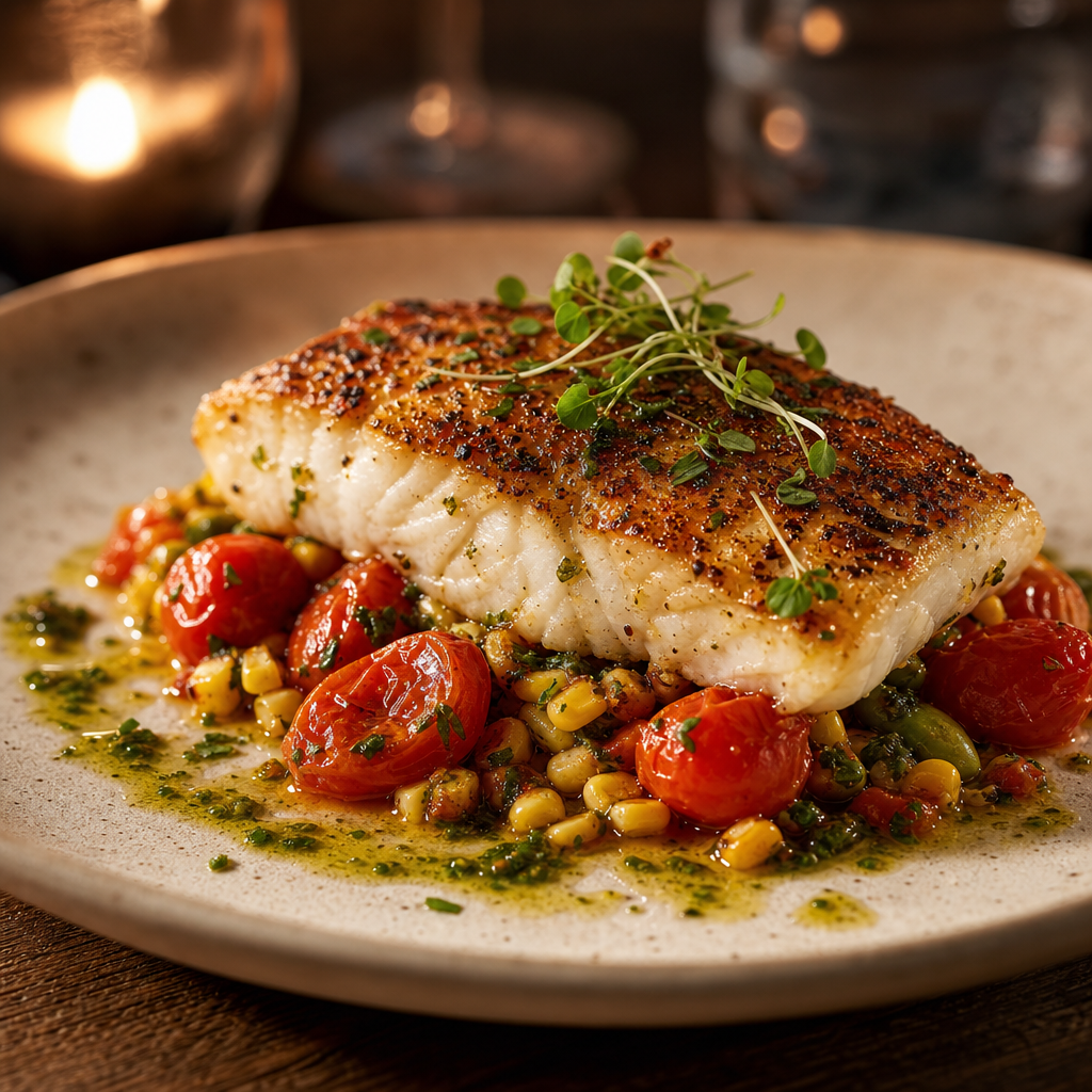 Seared Gulf fish with blistered tomato succotash and citrus herb oil