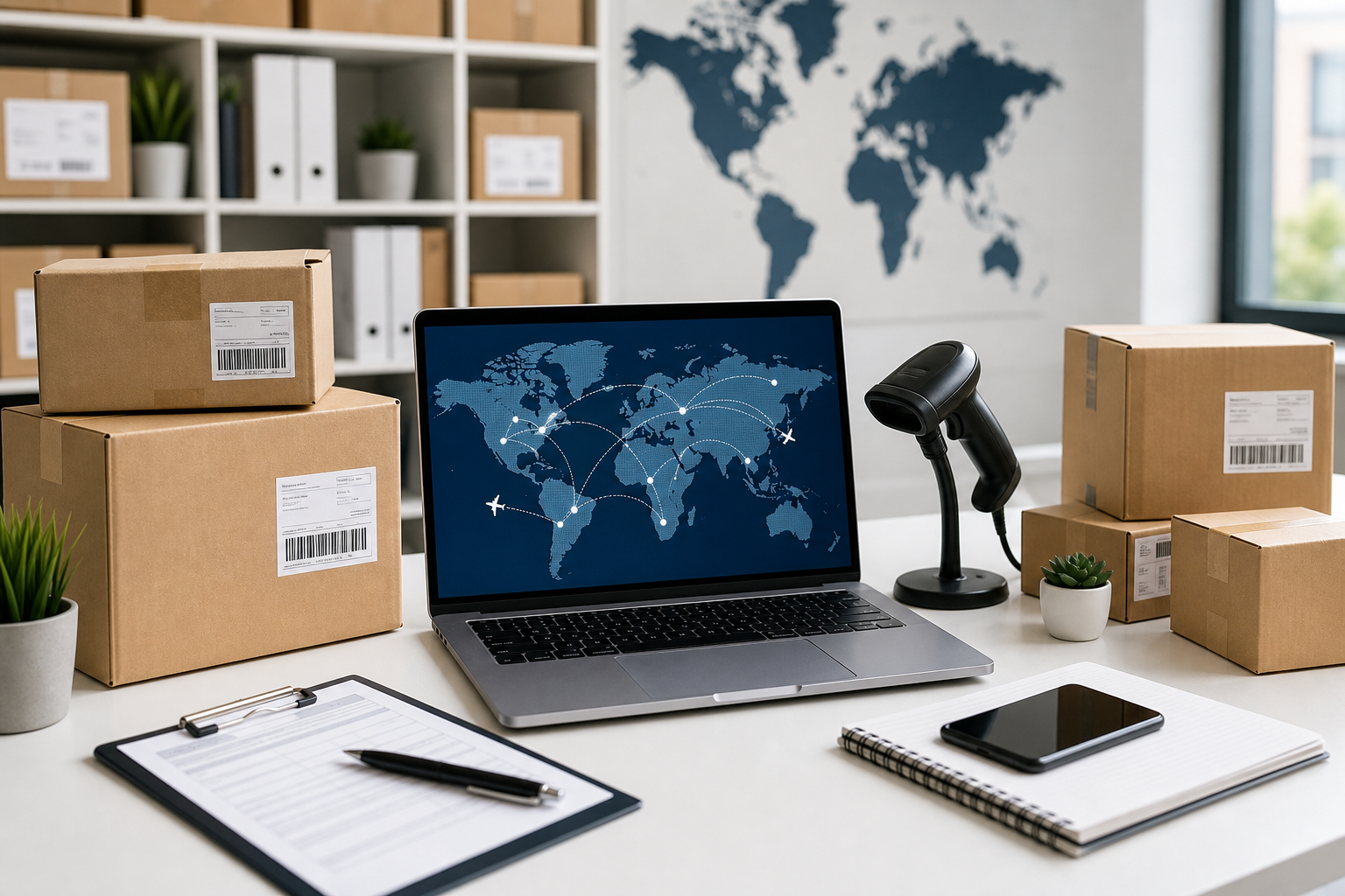 Modern logistics workspace with a laptop showing international shipping routes, neatly organized parcels, and a professional desk setup
