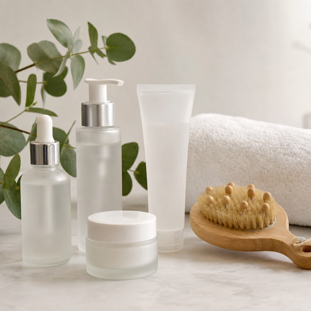 Beauty and personal care lineup featuring minimalist skincare bottles, a soft towel, and a wooden brush