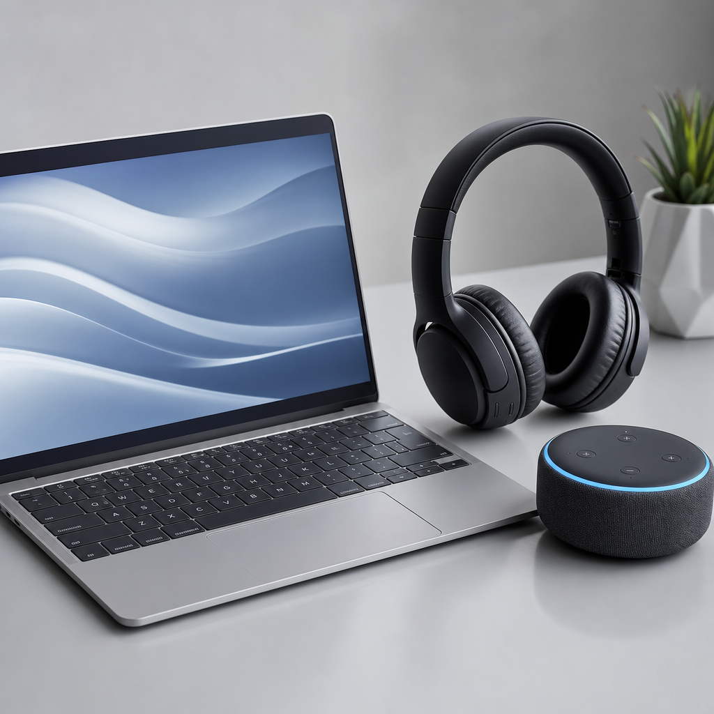 Modern electronics assortment including a slim silver laptop, noise-cancelling headphones, and a smart speaker on a clean desk
