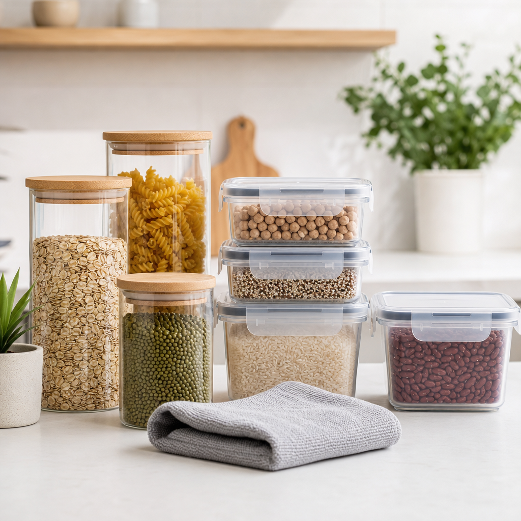 Everyday essentials collection including pantry staples, reusable storage containers, and a folded microfiber cloth