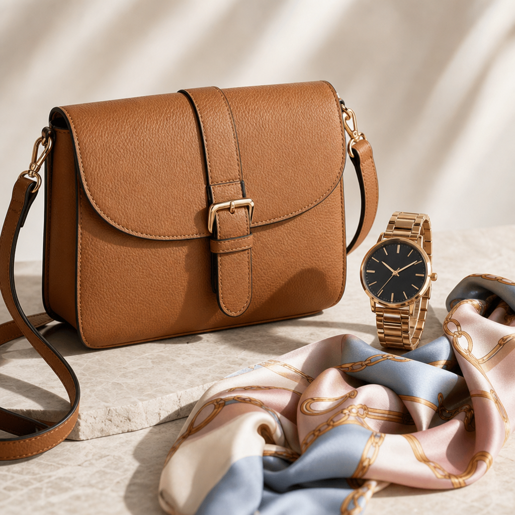 Stylish accessories set with a tan leather crossbody bag, gold wristwatch, and silk scarf on a light surface