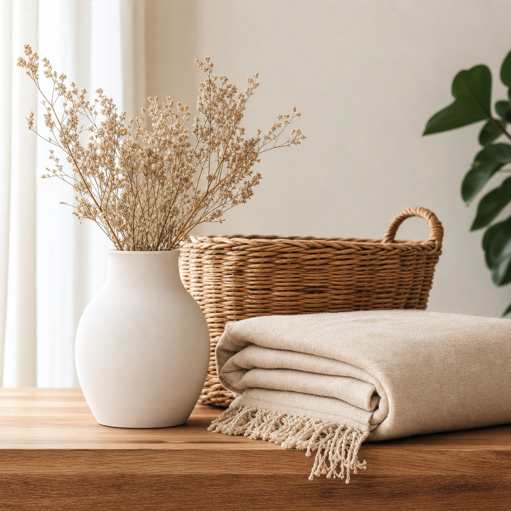 Neutral home living set featuring a ceramic vase, woven basket, and soft linen throw arranged on a wooden table