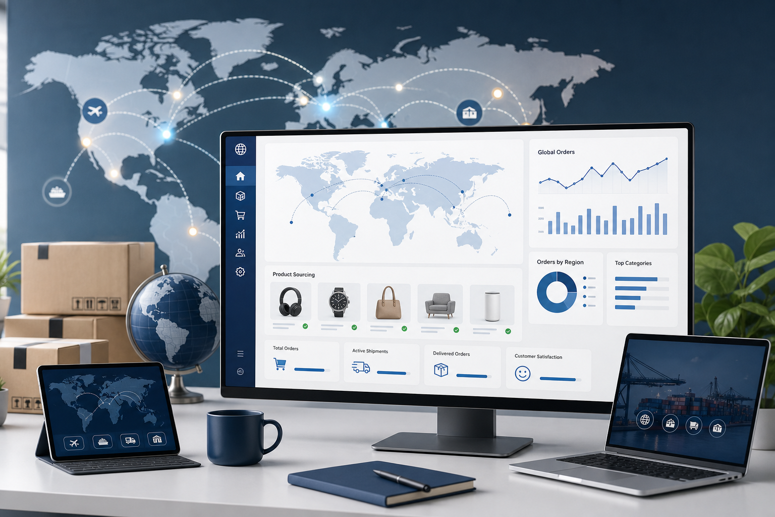 Modern international commerce dashboard with world map, shipping routes, and product sourcing tiles